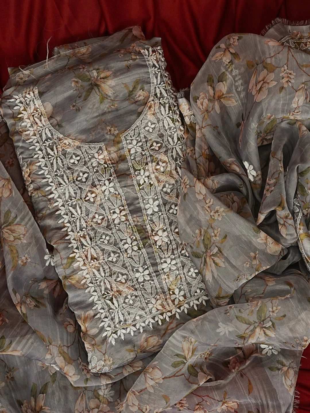 Ada Hand Embroidered Grey Floral Printed Chikankari Unstitched Kurta Dupatta Set 01A550987