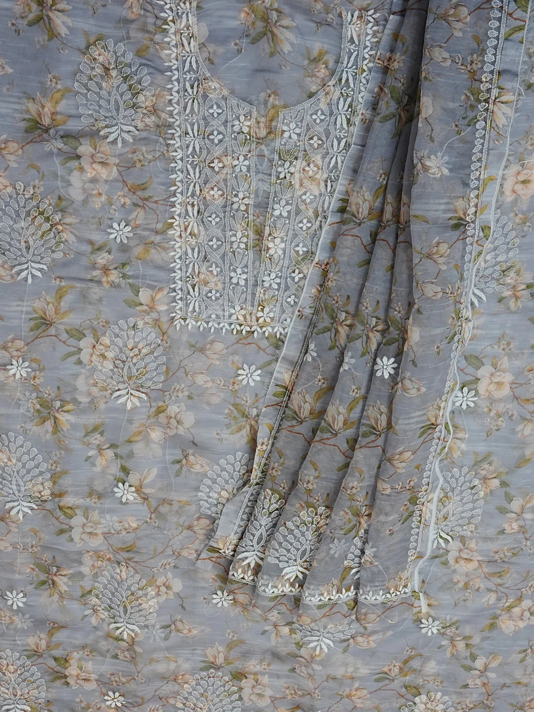 Ada Hand Embroidered Grey Floral Printed Chikankari Unstitched Kurta Dupatta Set 01A550987