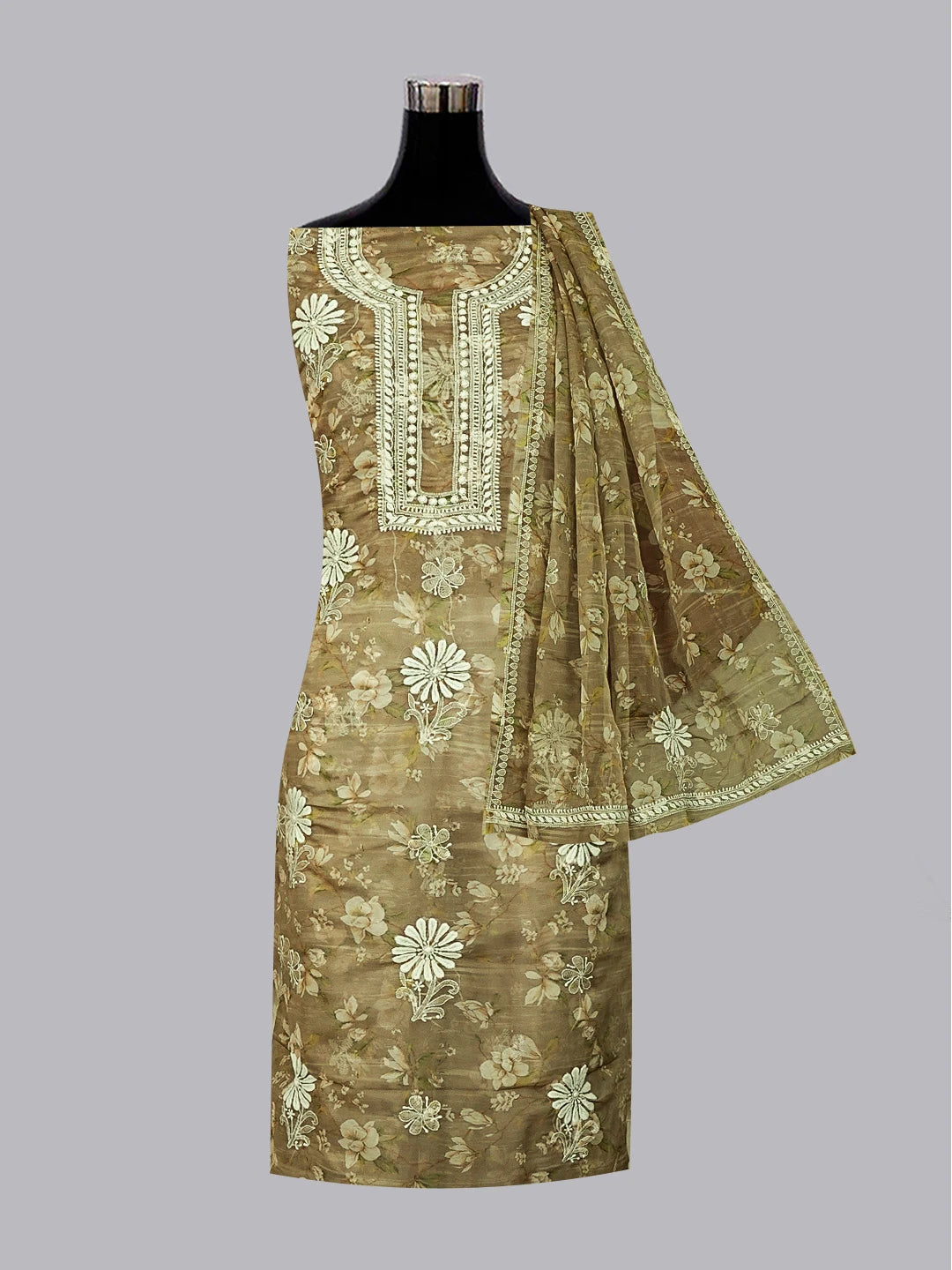 Ada Hand Embroidered Olive Green Organza Printed Chikankari Unstitched Kurta Dupatta Set 01A550977