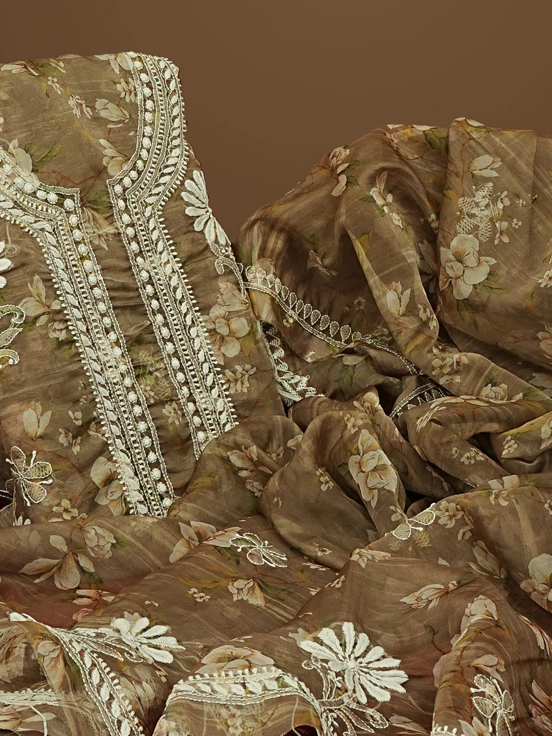 Ada Hand Embroidered Olive Green Organza Printed Chikankari Unstitched Kurta Dupatta Set 01A550977