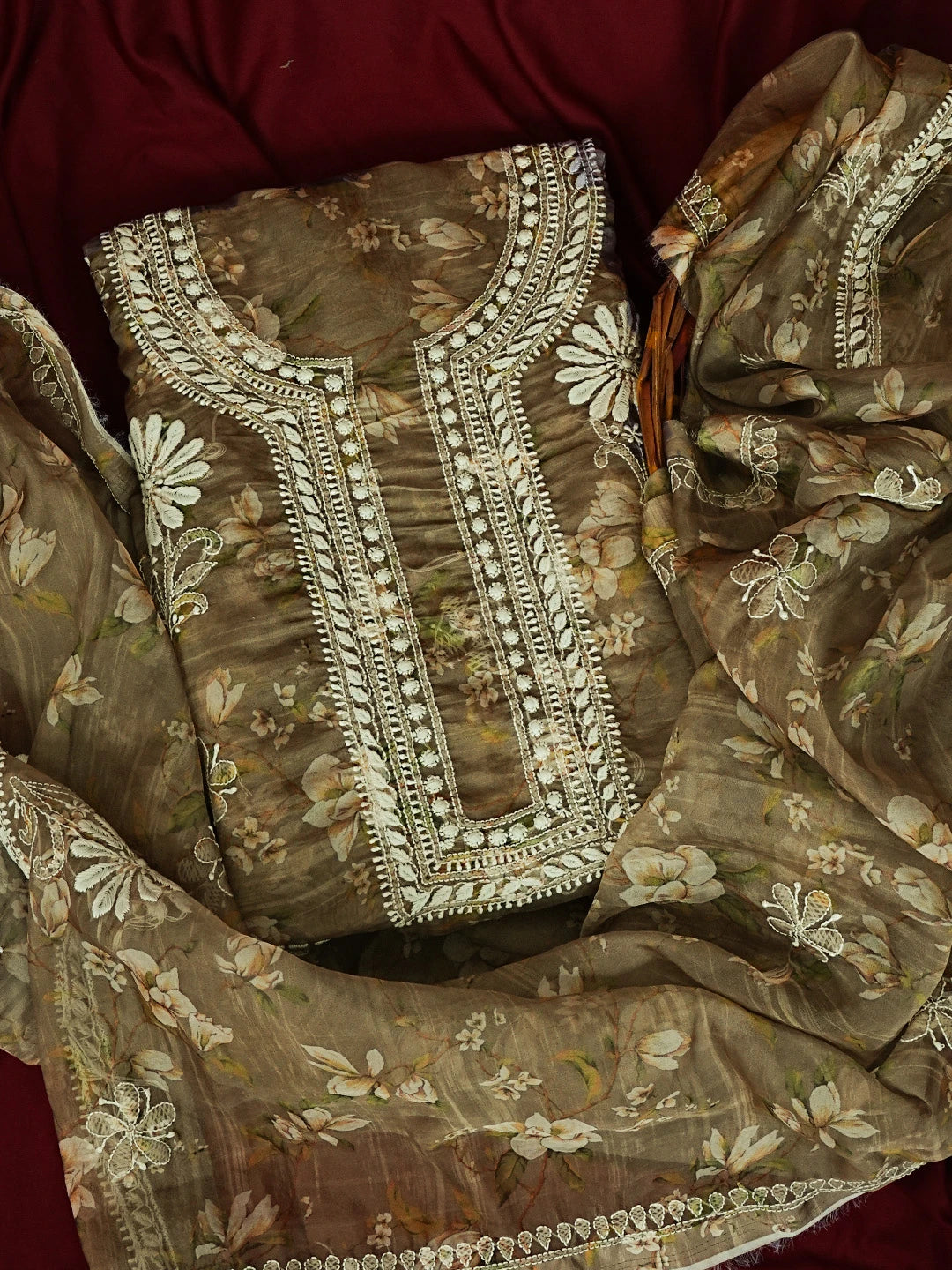 Ada Hand Embroidered Olive Green Organza Printed Chikankari Unstitched Kurta Dupatta Set 01A550977