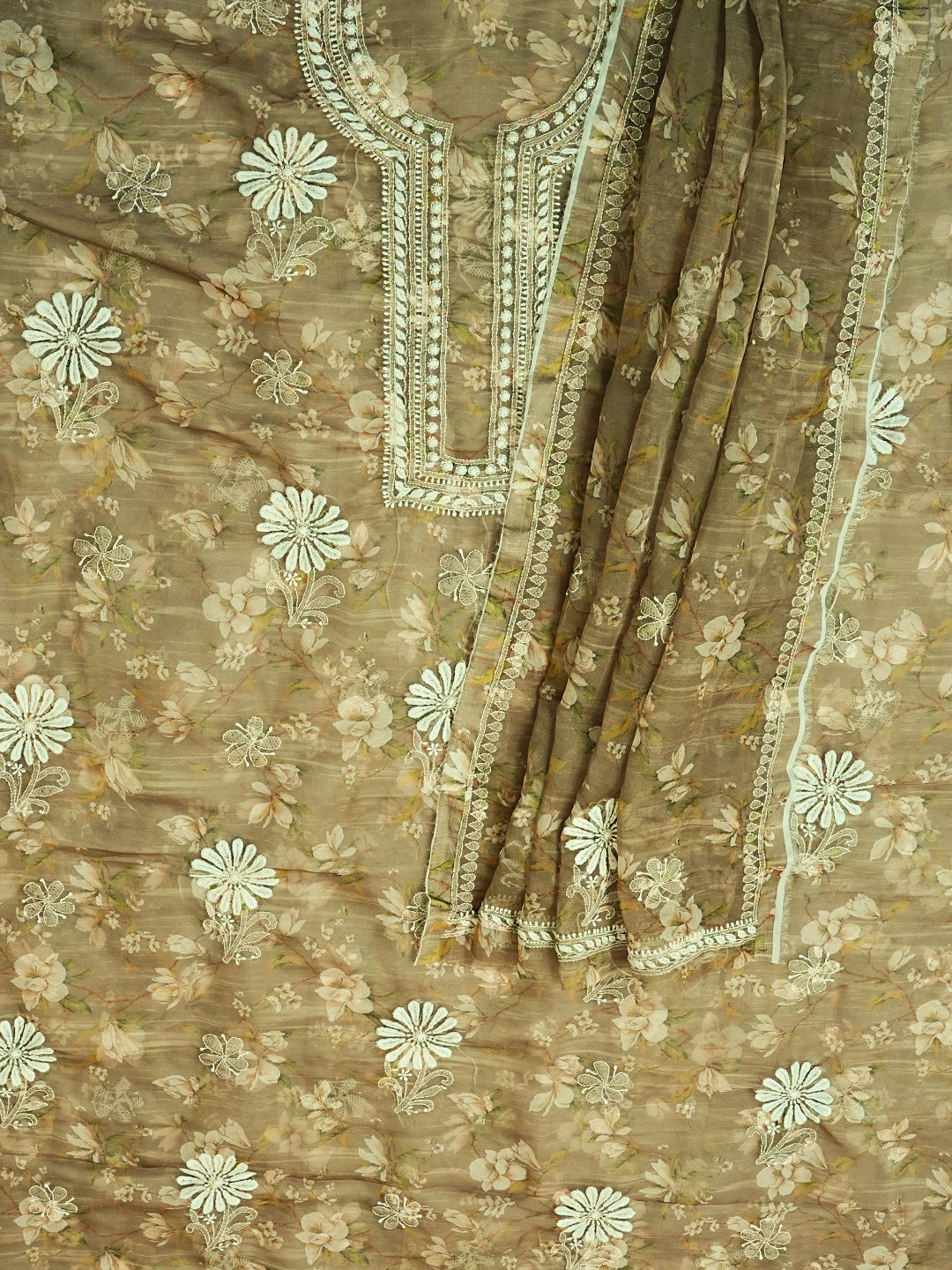 Ada Hand Embroidered Olive Green Organza Printed Chikankari Unstitched Kurta Dupatta Set 01A550977