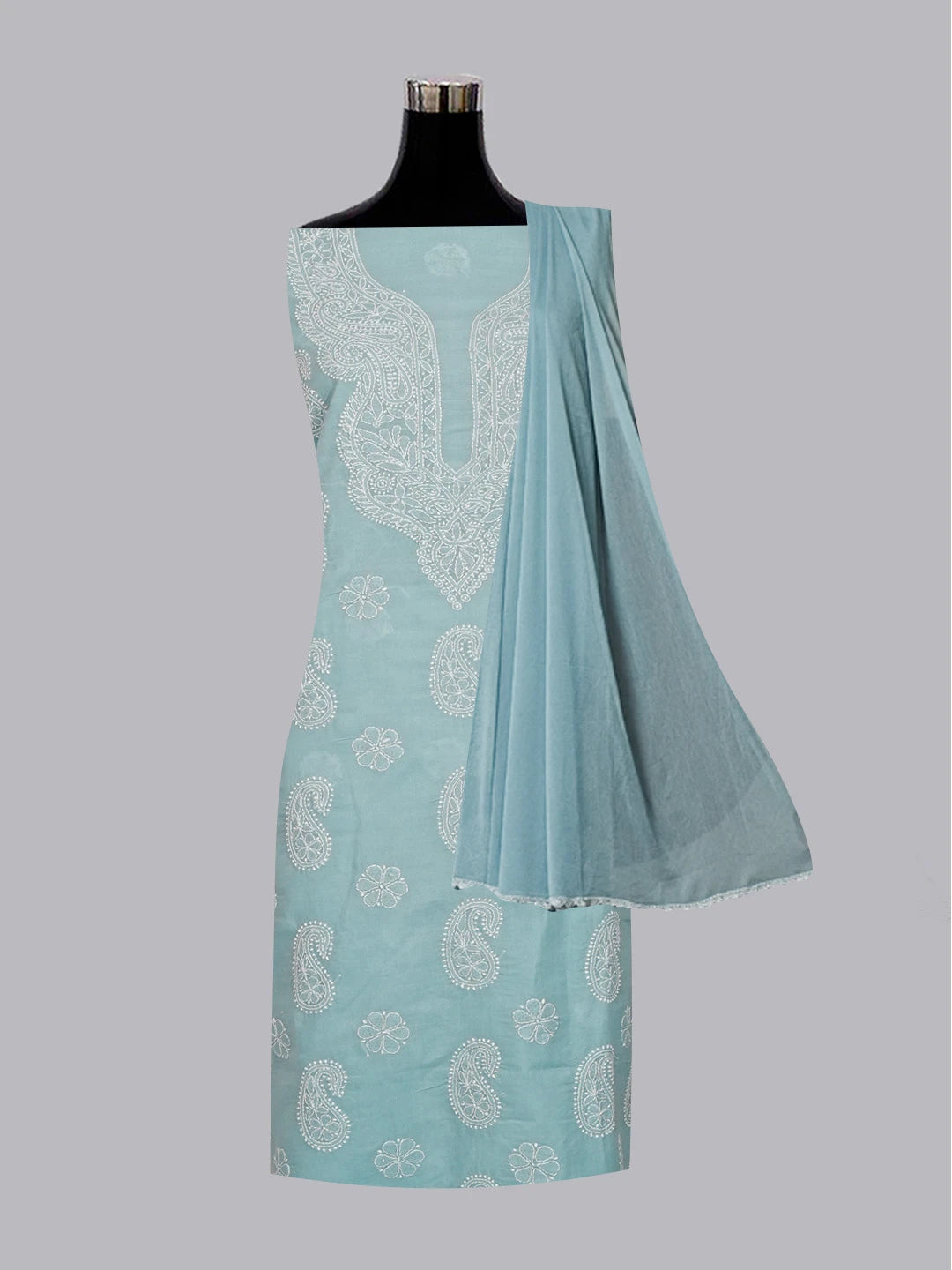 Ada Hand Embroidered Columbia Blue Cotton Lucknowi Chikankari Unstitched Suit Piece 01A558541