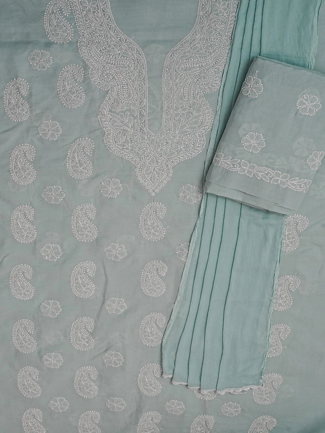 Ada Hand Embroidered Columbia Blue Cotton Lucknowi Chikankari Unstitched Suit Piece 01A558541