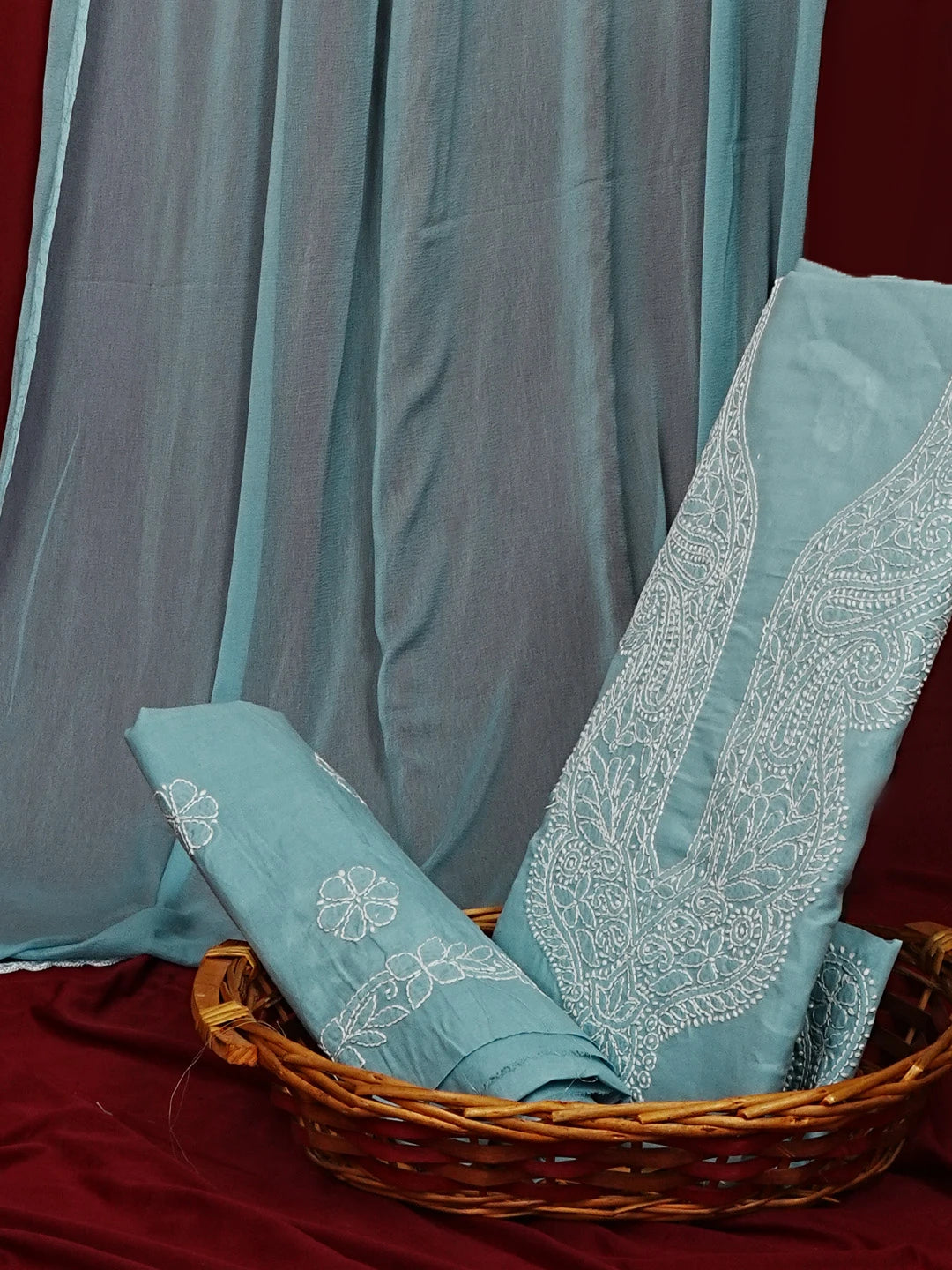 Ada Hand Embroidered Columbia Blue Cotton Lucknowi Chikankari Unstitched Suit Piece 01A558541
