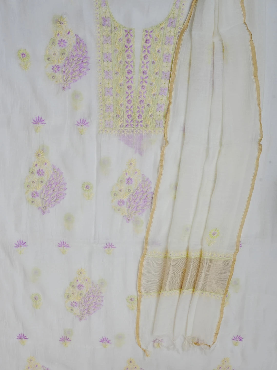 Ada Hand Embroidered White Chanderi Chikankari Unstitched Kurta Dupatta Set 01A561179