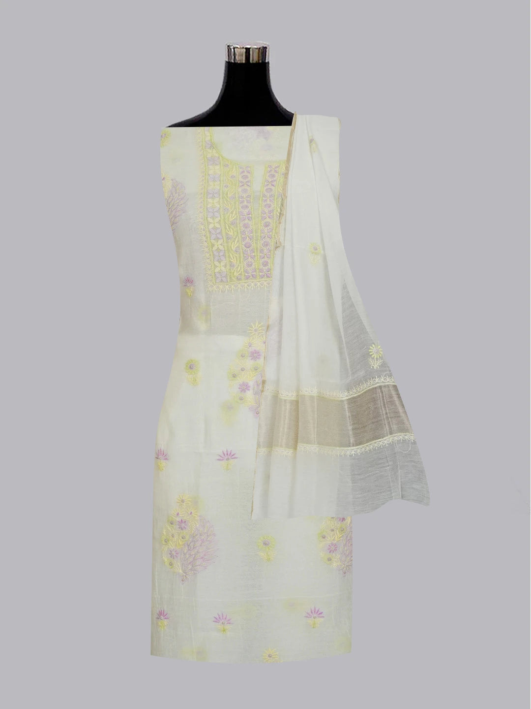 Ada Hand Embroidered White Chanderi Chikankari Unstitched Kurta Dupatta Set 01A561179