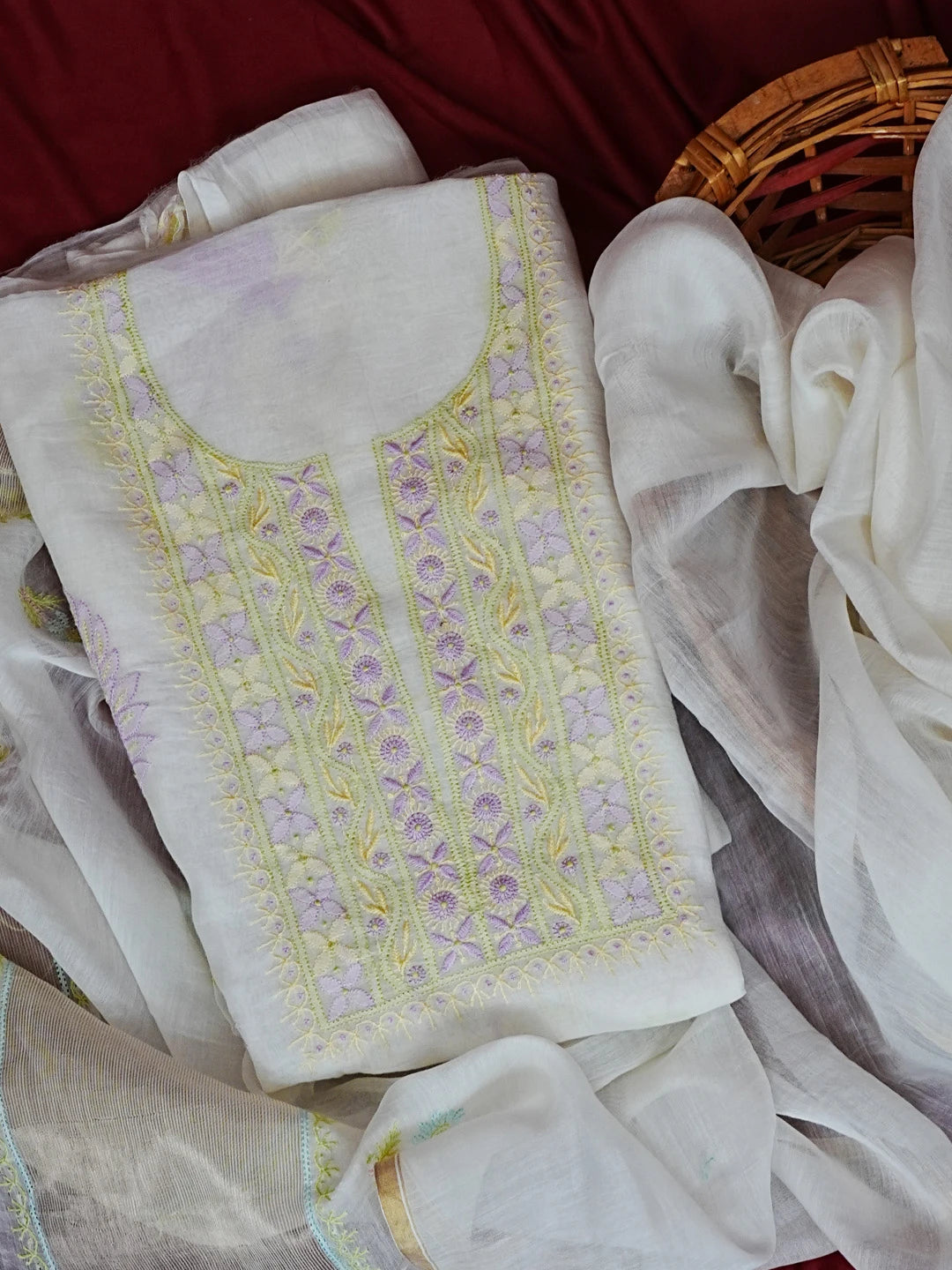 Ada Hand Embroidered White Chanderi Chikankari Unstitched Kurta Dupatta Set 01A561179