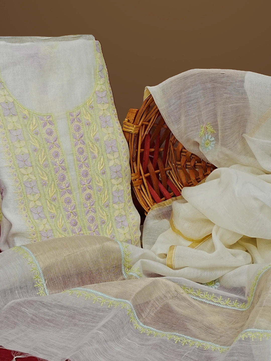 Ada Hand Embroidered White Chanderi Chikankari Unstitched Kurta Dupatta Set 01A561179