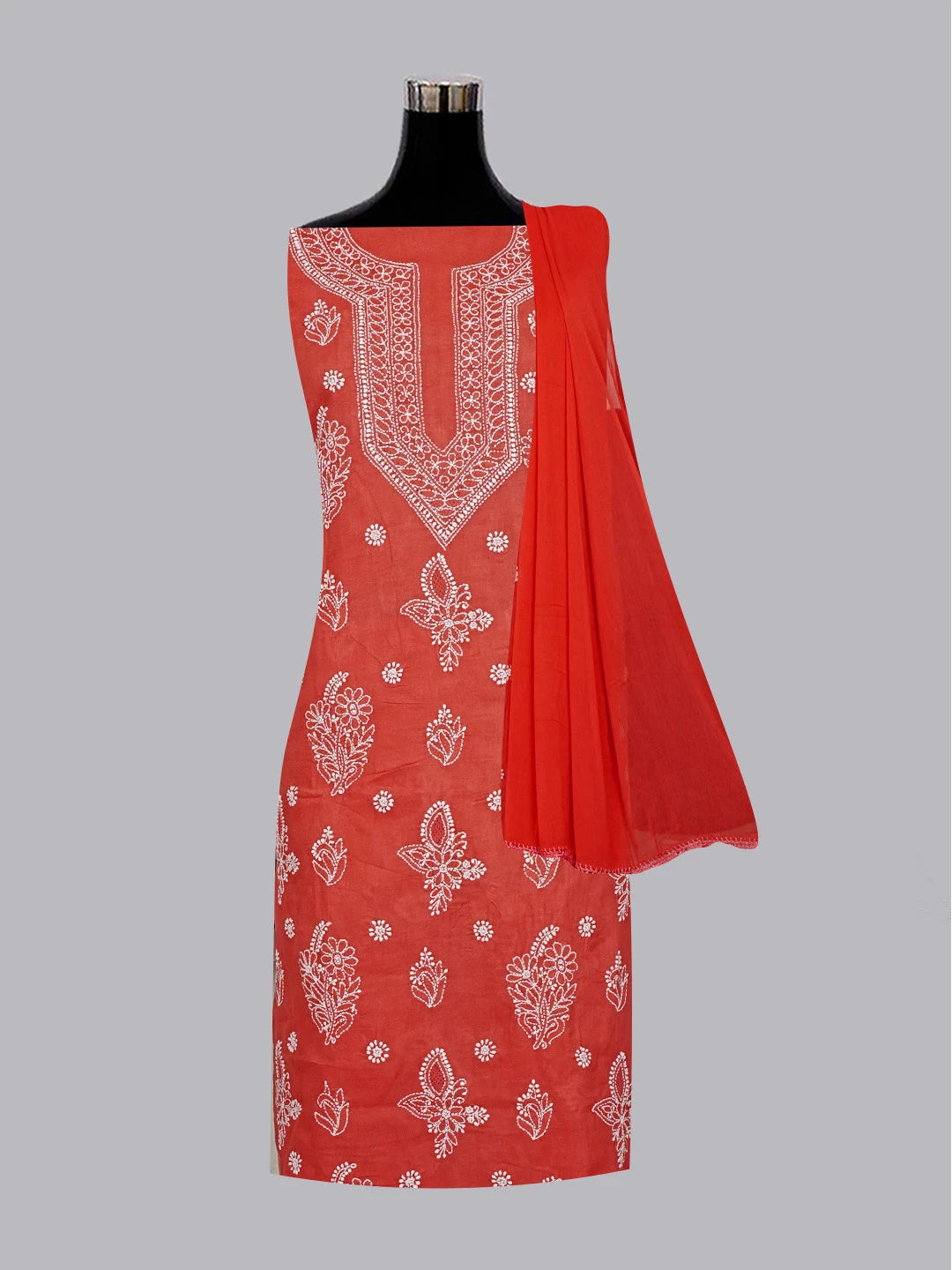 Ada Hand Embroidered Rust Red Cotton Lucknowi Chikankari Unstitched Suit Piece 01A561792