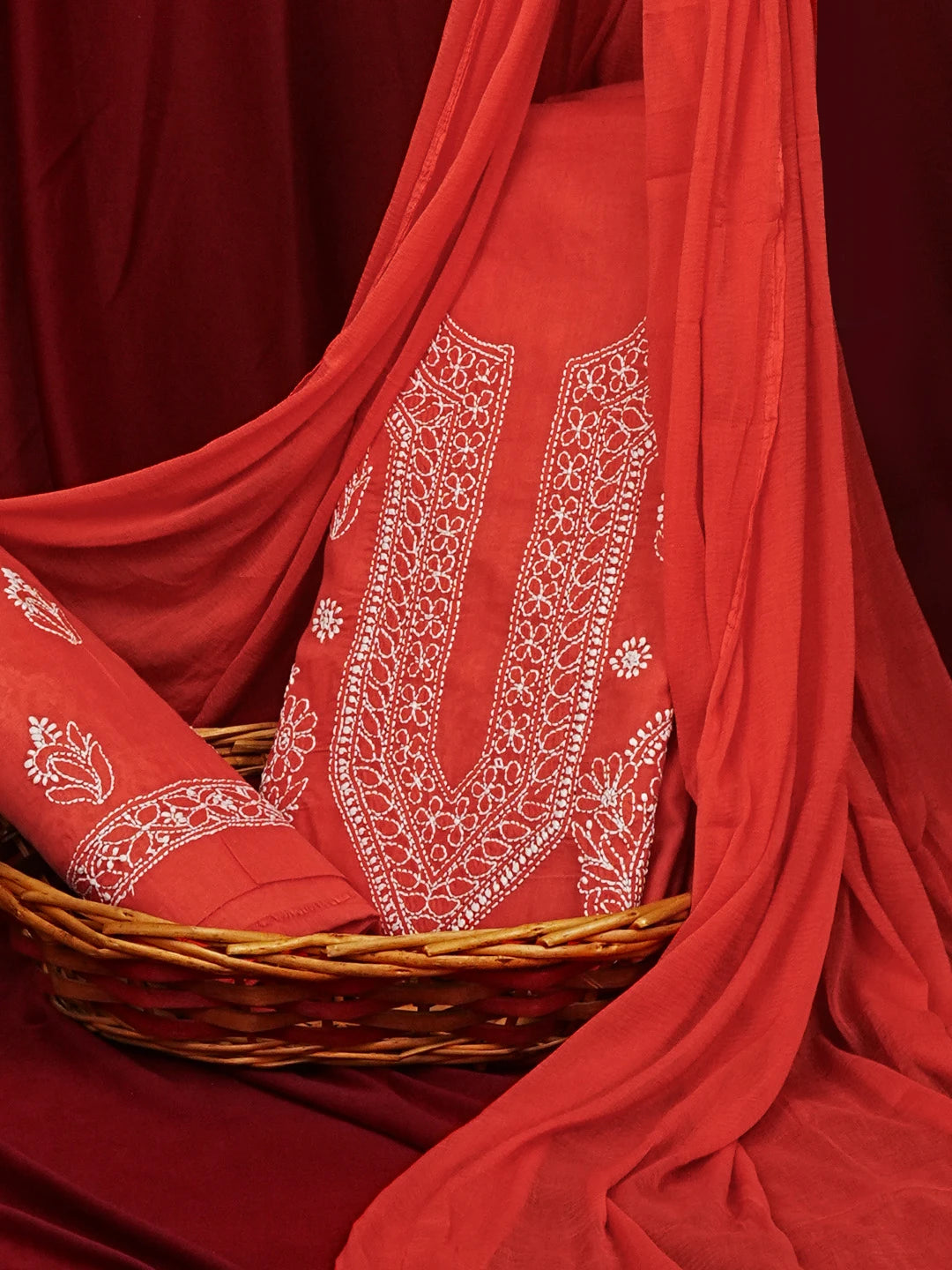 Ada Hand Embroidered Rust Red Cotton Lucknowi Chikankari Unstitched Suit Piece 01A561792