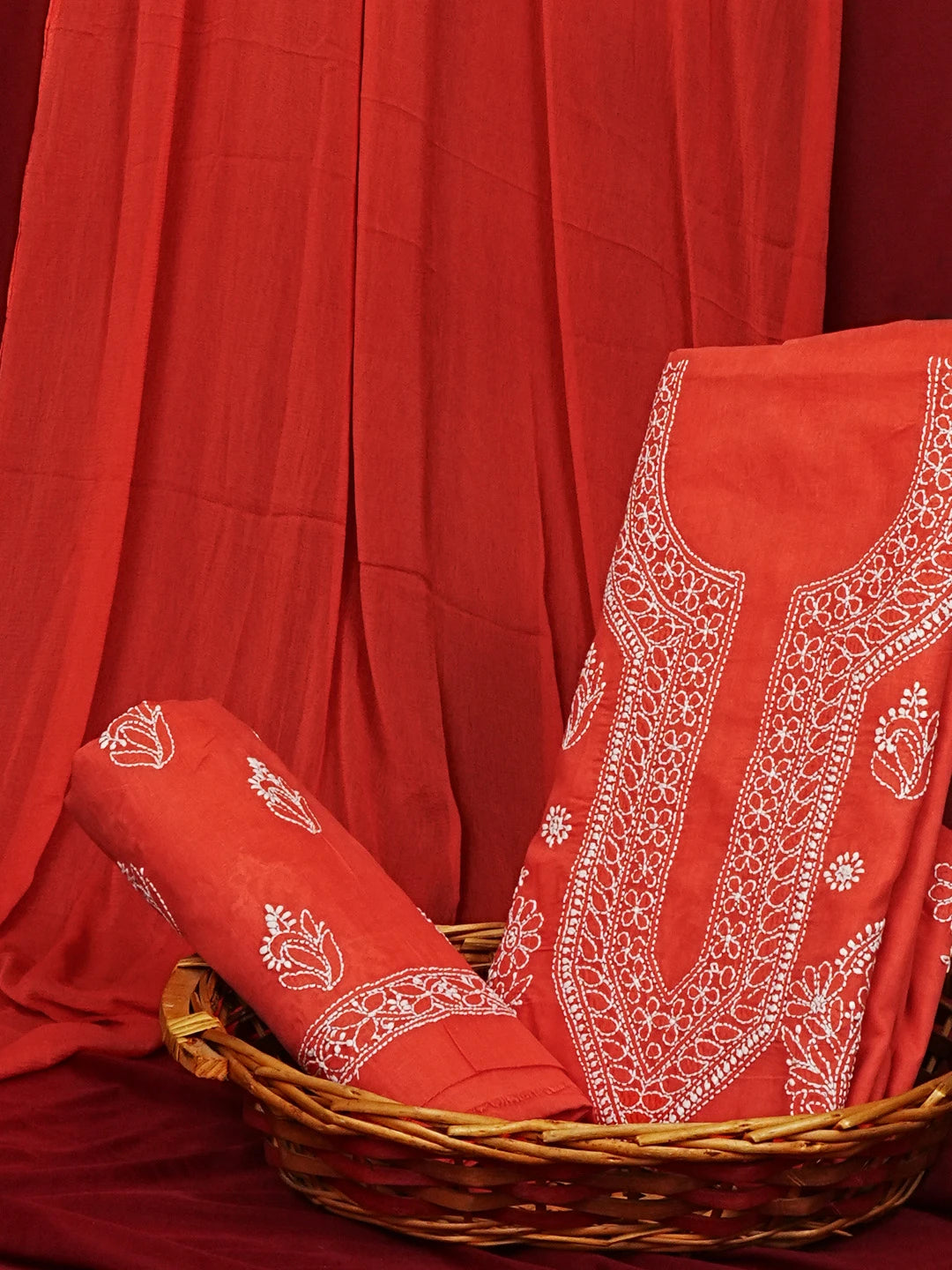 Ada Hand Embroidered Rust Red Cotton Lucknowi Chikankari Unstitched Suit Piece 01A561792