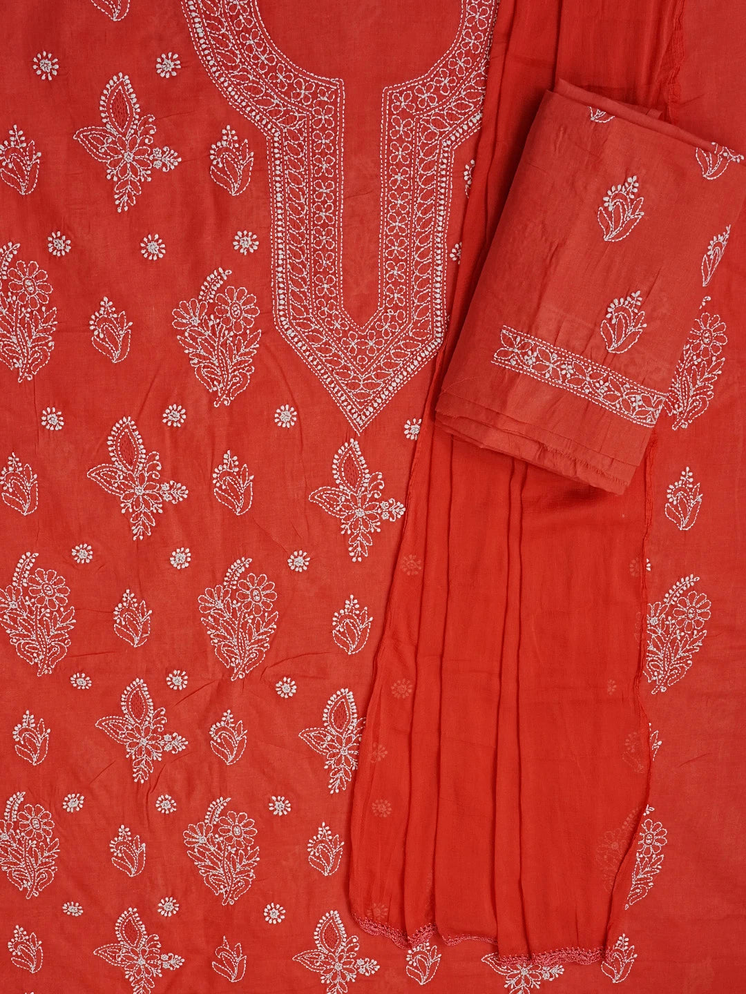 Ada Hand Embroidered Rust Red Cotton Lucknowi Chikankari Unstitched Suit Piece 01A561792
