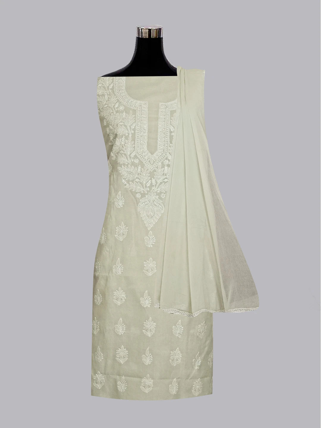 Ada Hand Embroidered Grey Cotton Lucknowi Chikankari Unstitched Suit Piece 01A561728