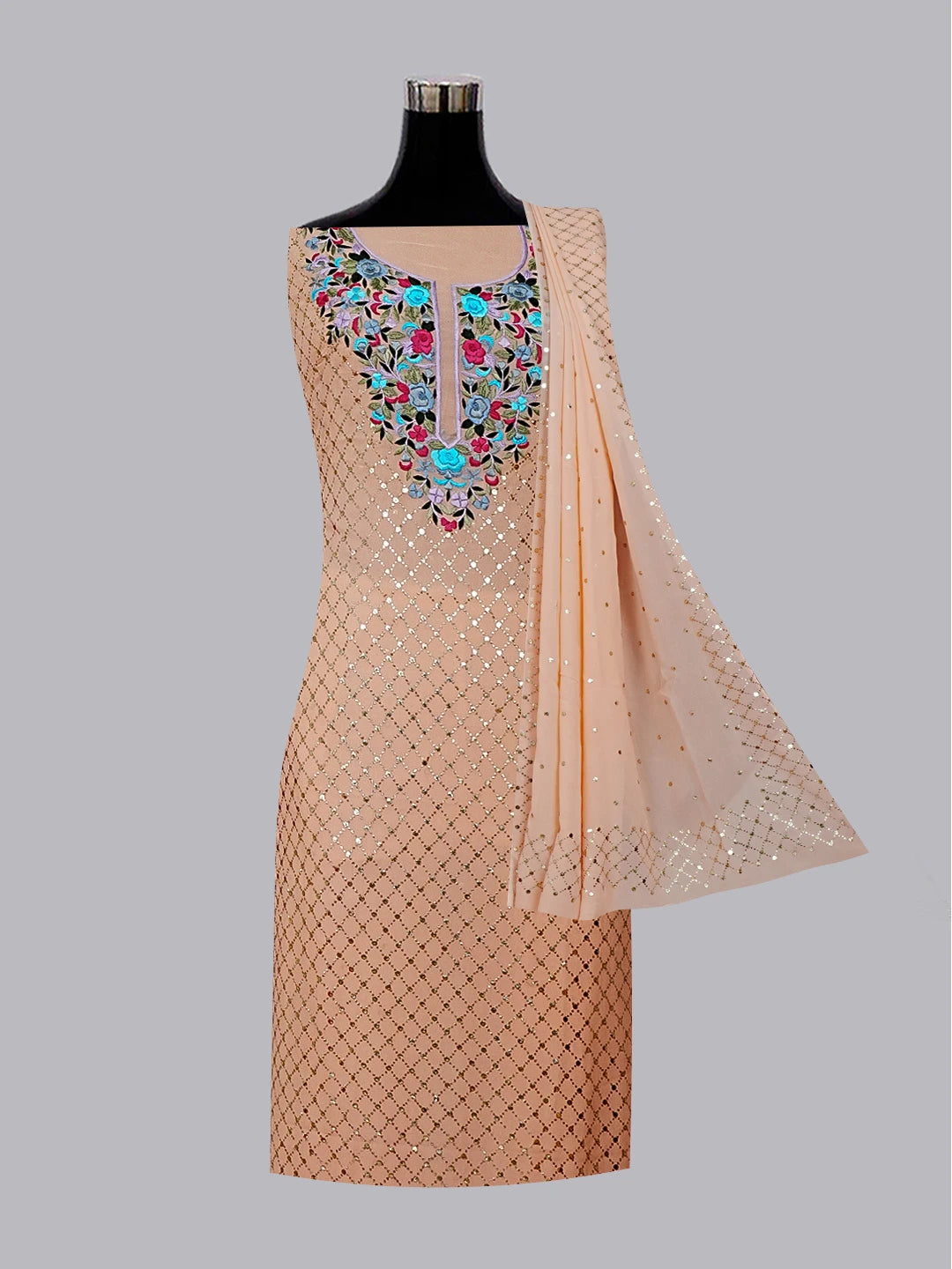 Ada Hand Embroidered Creamy Peach Viscose Georgette Lucknowi Chikankari Unstitched Kurta Dupatta Set With Parsi Work 01A378724