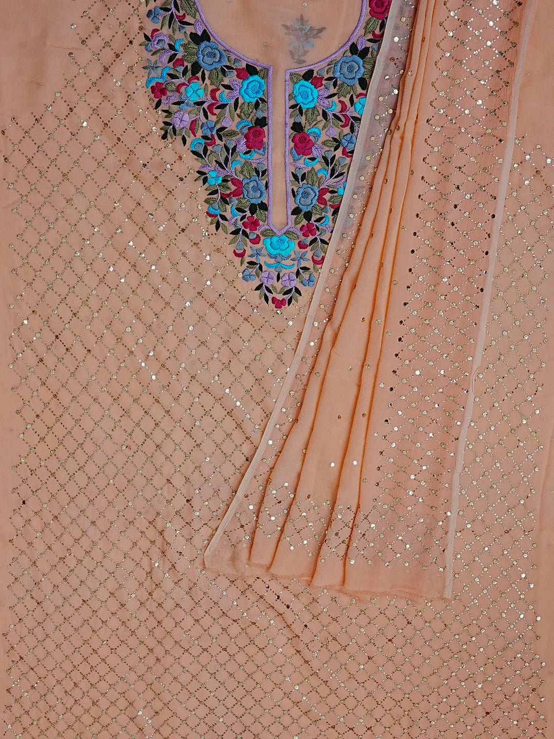 Ada Hand Embroidered Creamy Peach Viscose Georgette Lucknowi Chikankari Unstitched Kurta Dupatta Set With Parsi Work 01A378724