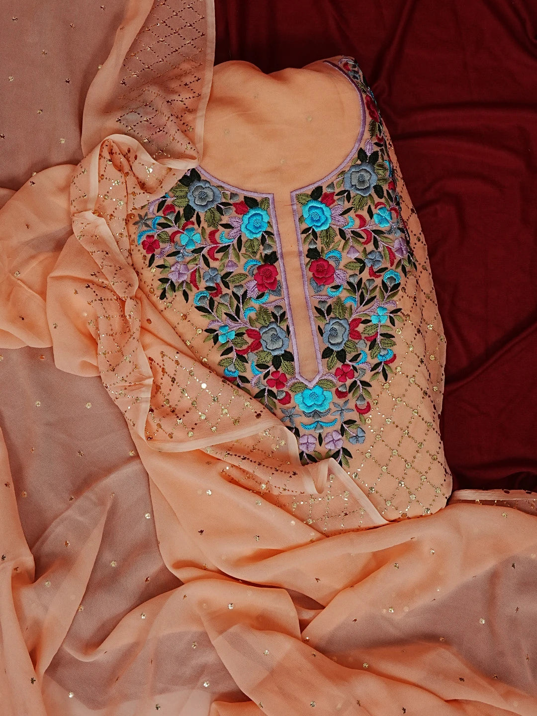 Ada Hand Embroidered Creamy Peach Viscose Georgette Lucknowi Chikankari Unstitched Kurta Dupatta Set With Parsi Work 01A378724