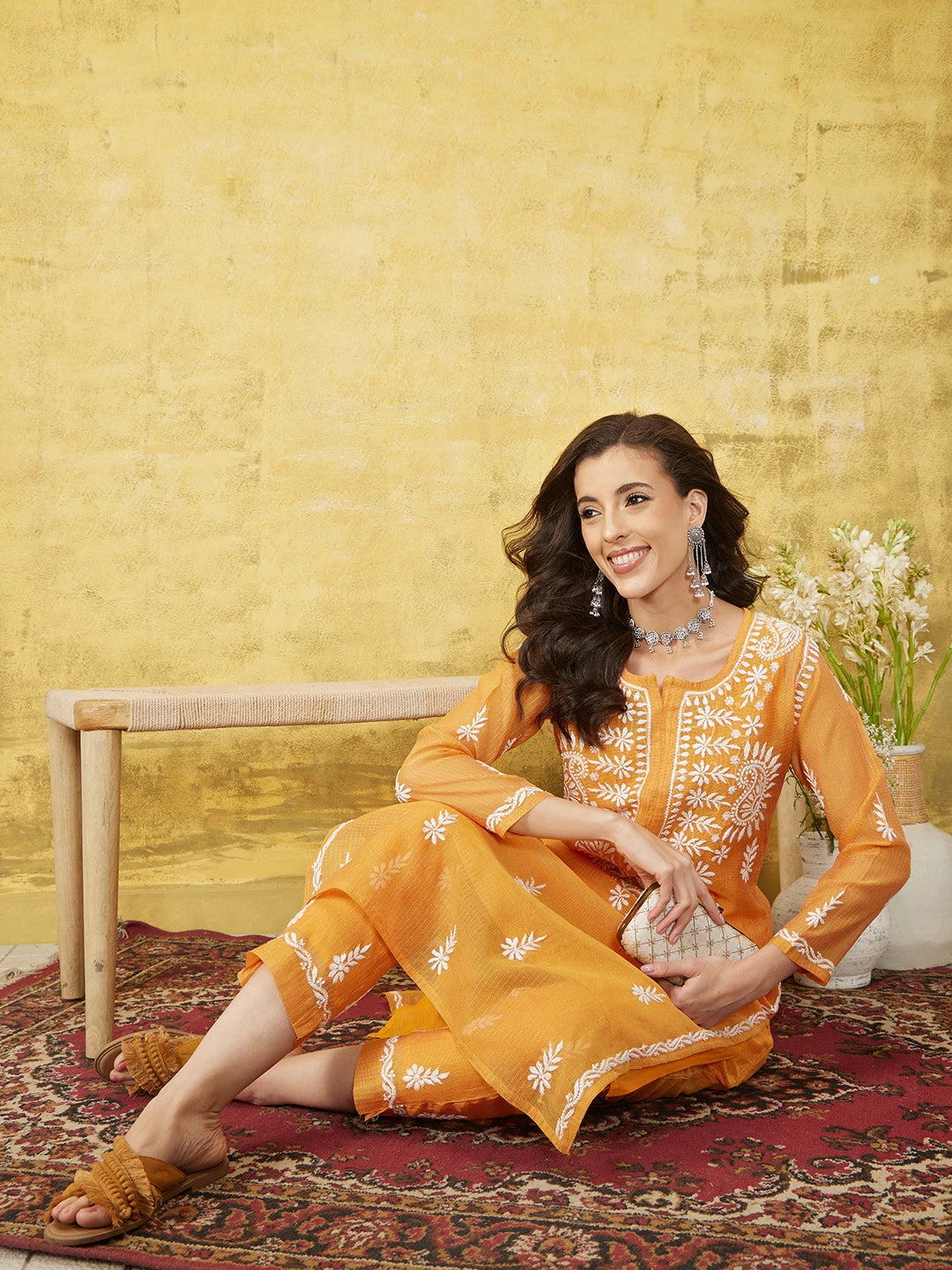Ada Hand Embroidered Mustard Kota Lucknowi Chikankari Co-ord Set With Slip 01A548986