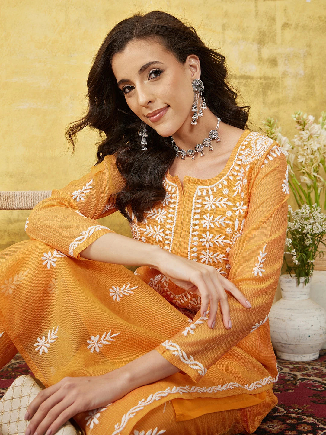 Ada Hand Embroidered Mustard Kota Lucknowi Chikankari Co-ord Set With Slip 01A548986