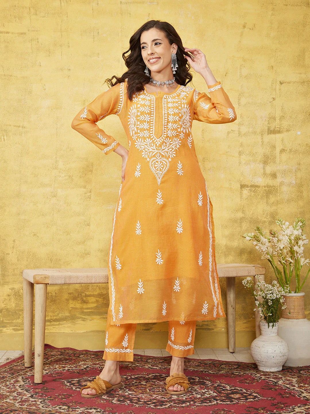 Ada Hand Embroidered Mustard Kota Lucknowi Chikankari Co-ord Set With Slip 01A548986