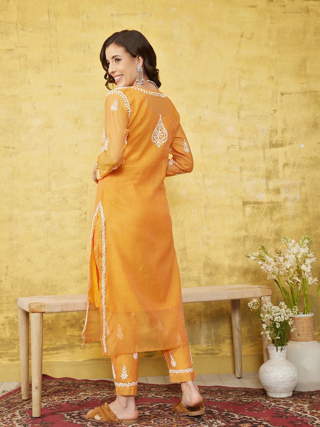Ada Hand Embroidered Mustard Kota Lucknowi Chikankari Co-ord Set With Slip 01A548986