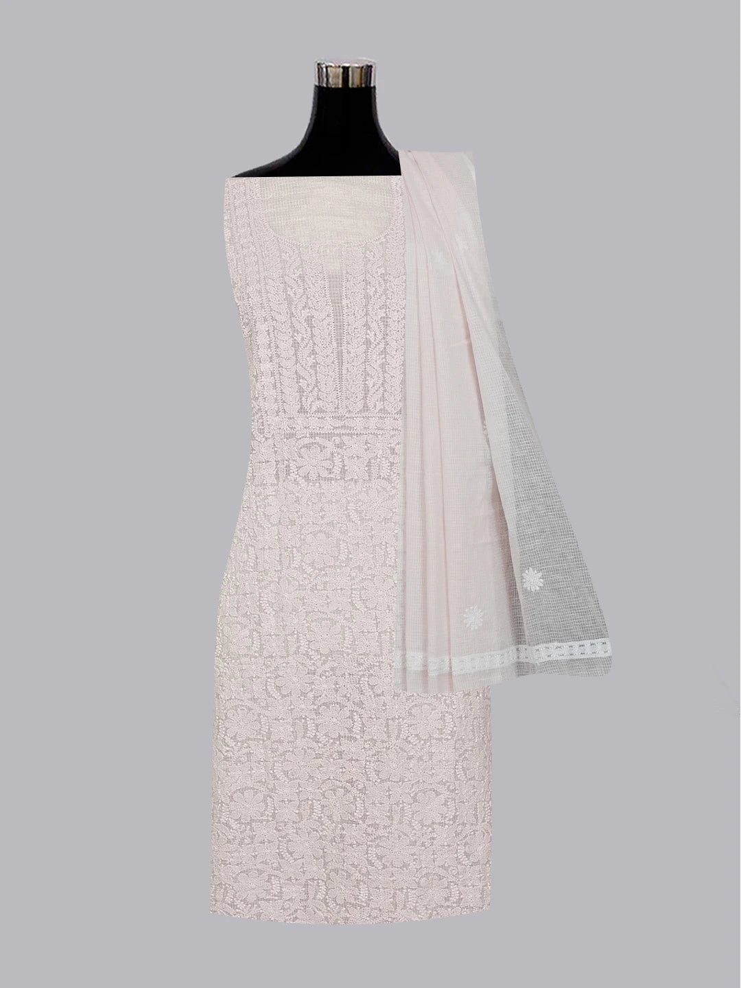 Ada Hand Embroidered Chic Peach Kota Lucknowi Chikankari Unstitched Kurta Dupatta Set 01A558195