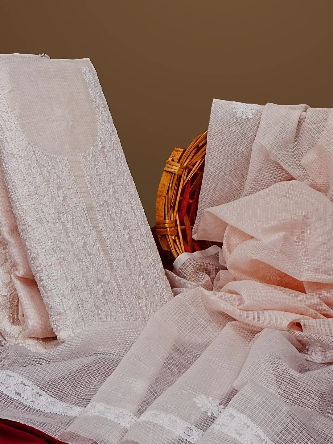 Ada Hand Embroidered Chic Peach Kota Lucknowi Chikankari Unstitched Kurta Dupatta Set 01A558195