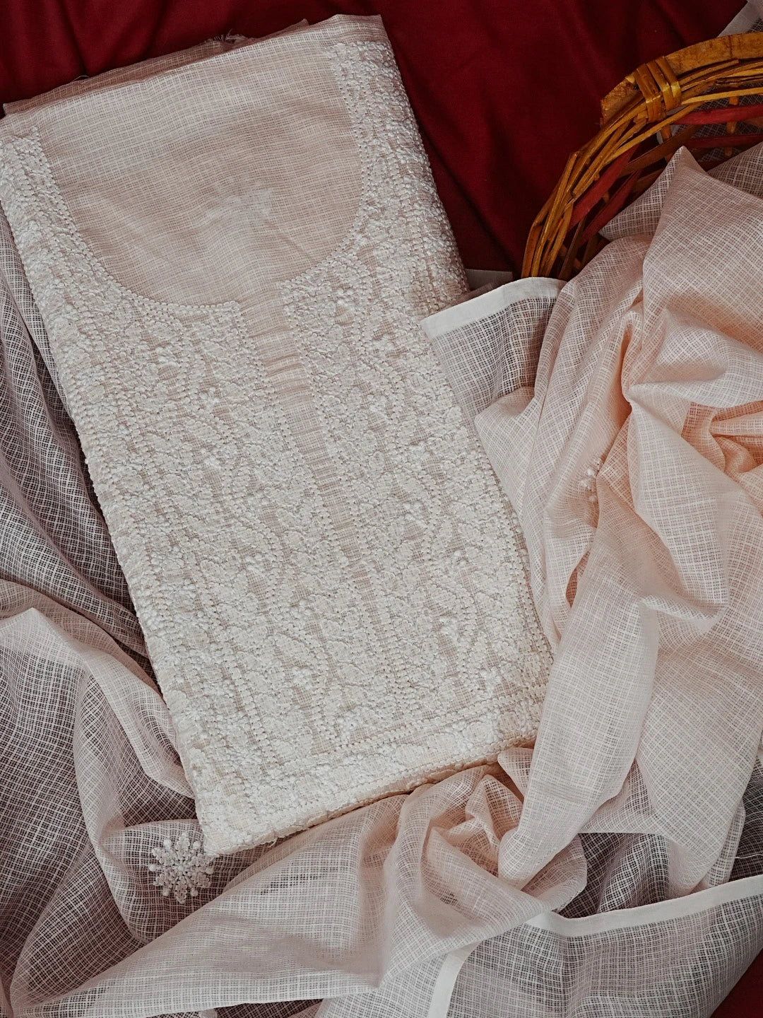 Ada Hand Embroidered Chic Peach Kota Lucknowi Chikankari Unstitched Kurta Dupatta Set 01A558195