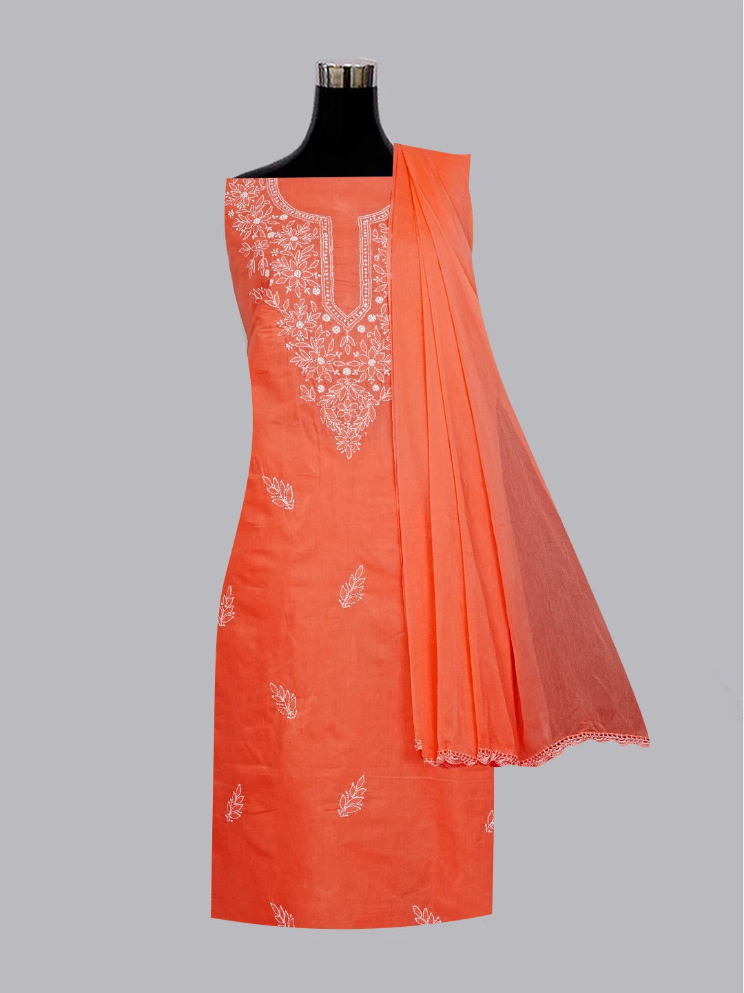 Ada Hand Embroidered Peach Cotton Lucknowi Chikankari Unstitched Suit Piece 01A561707