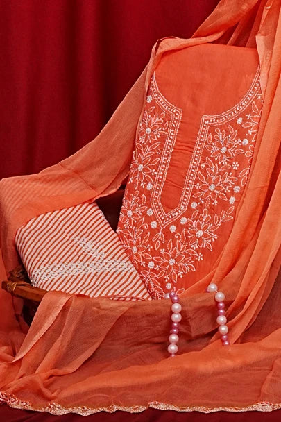 Ada Hand Embroidered Peach Cotton Lucknowi Chikankari Unstitched Suit Piece 01A561707