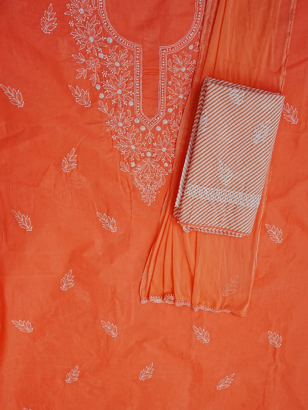 Ada Hand Embroidered Peach Cotton Lucknowi Chikankari Unstitched Suit Piece 01A561707