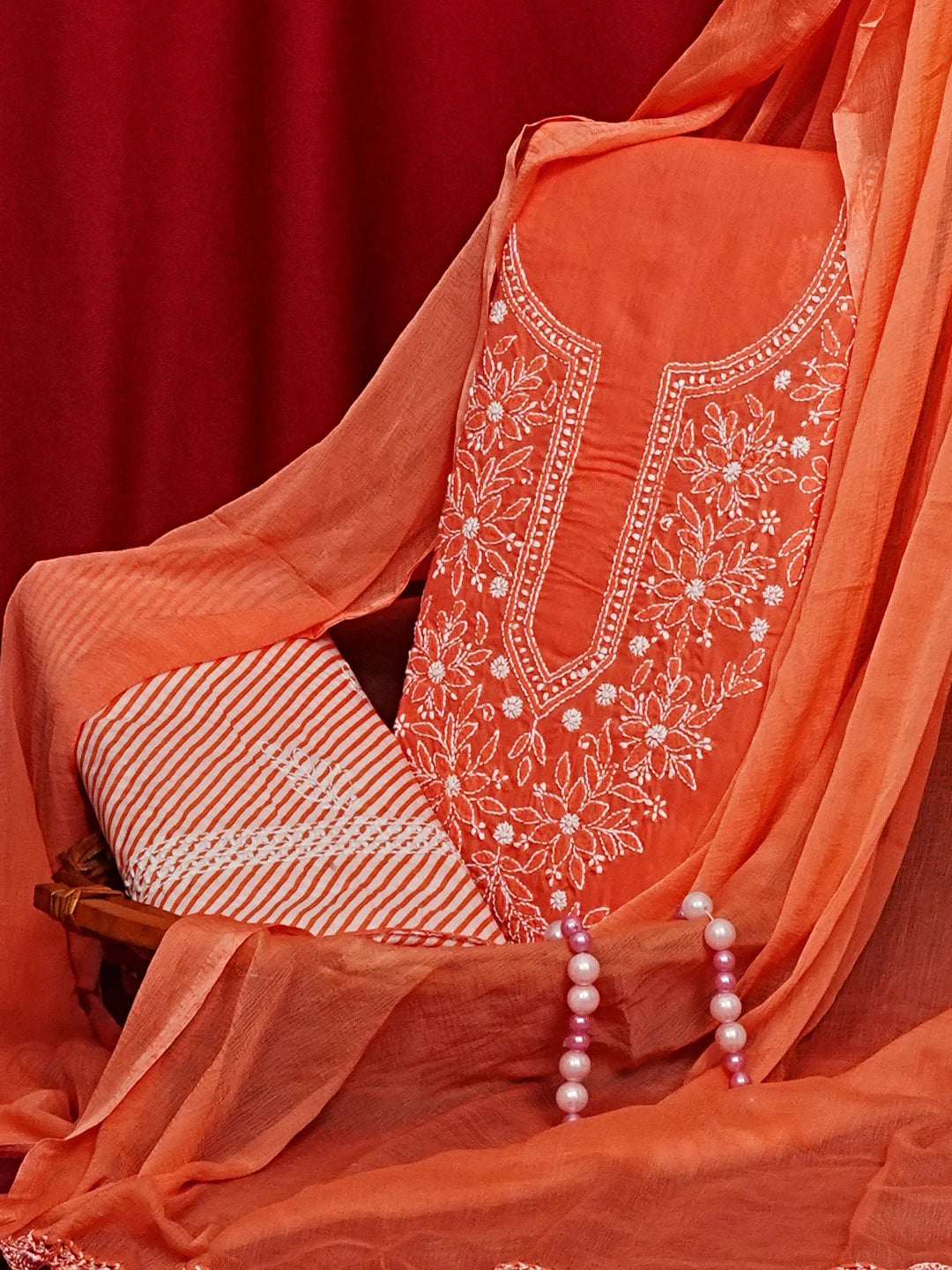 Ada Hand Embroidered Peach Cotton Lucknowi Chikankari Unstitched Suit Piece 01A561707