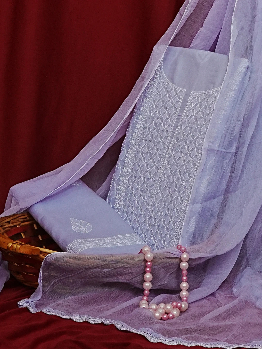 Ada Hand Embroidered Mauve Cotton Lucknowi Chikankari Unstitched Suit Piece 01A558850