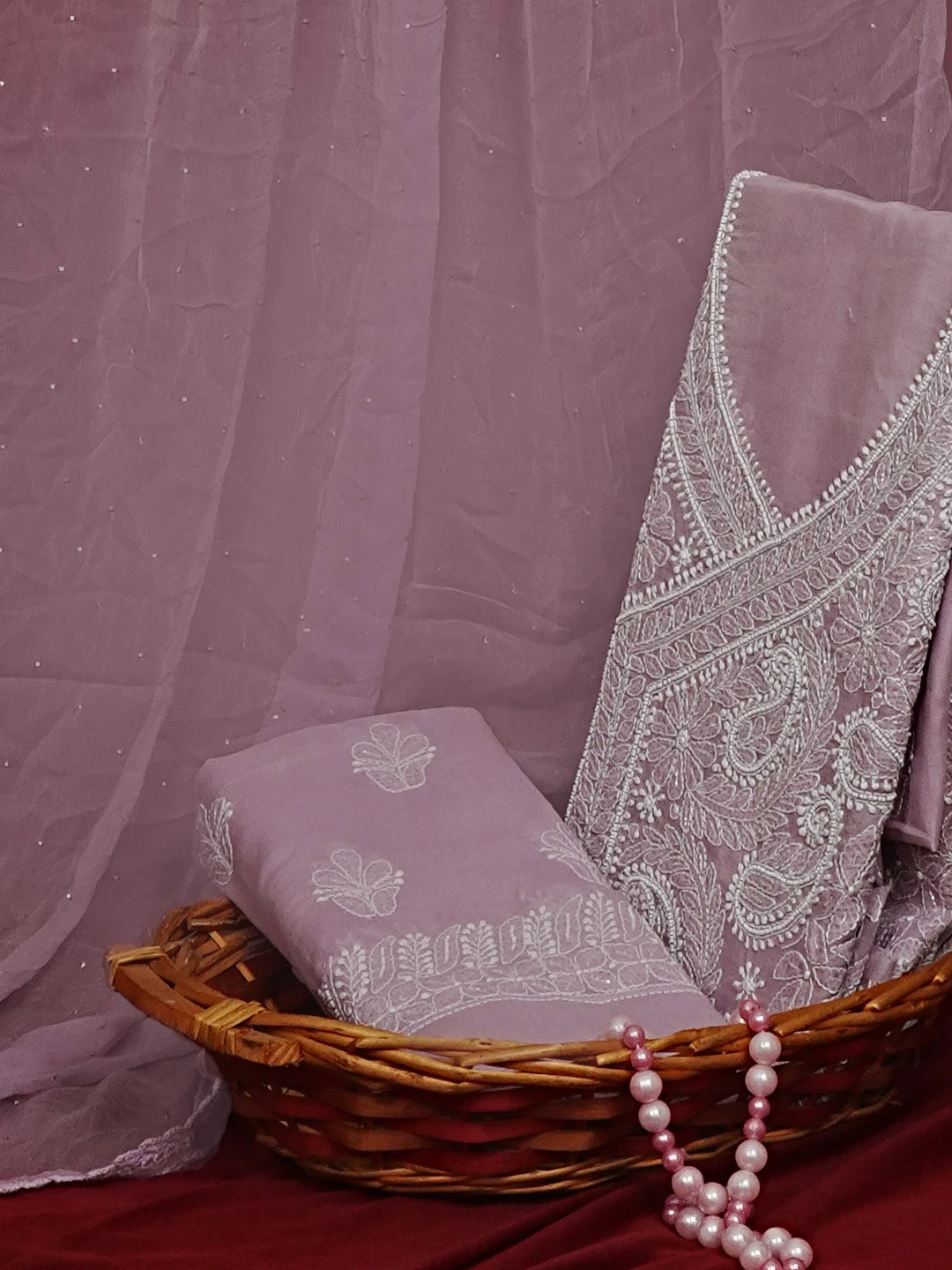 Ada Hand Embroidered Lavender Cotton Lucknowi Chikankari Unstitched Suit Piece With Cutdana Work 01A554374