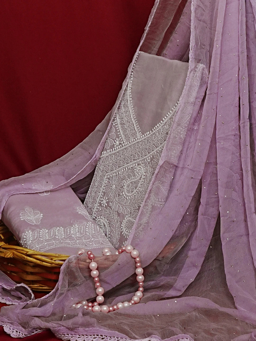 Ada Hand Embroidered Lavender Cotton Lucknowi Chikankari Unstitched Suit Piece With Cutdana Work 01A554374