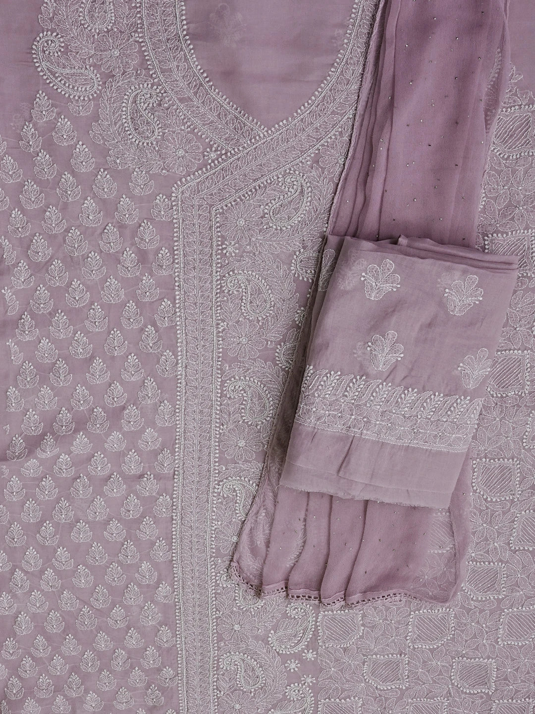 Ada Hand Embroidered Lavender Cotton Lucknowi Chikankari Unstitched Suit Piece With Cutdana Work 01A554374