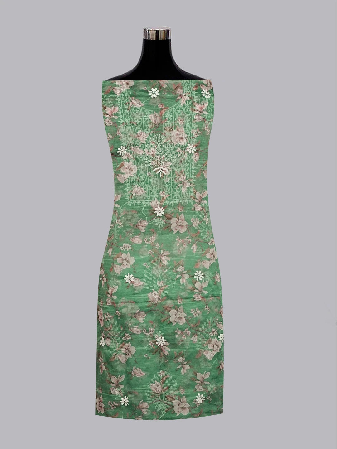 Ada Hand Embroidered Teal Green Organza Floral Printed Chikankari Unstitched Kurta Dupatta Set 01A551000
