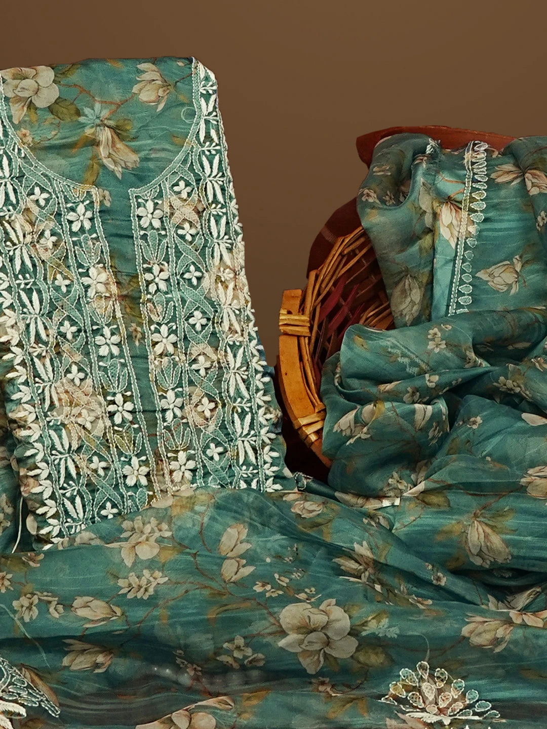Ada Hand Embroidered Teal Green Organza Floral Printed Chikankari Unstitched Kurta Dupatta Set 01A551000