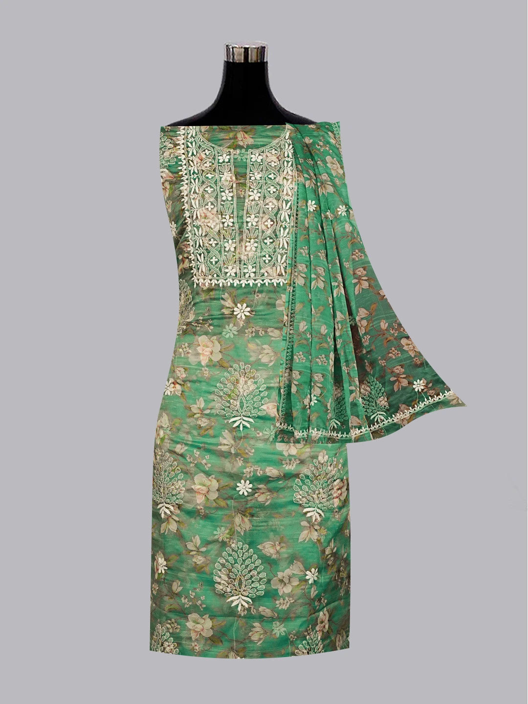 Ada Hand Embroidered Teal Green Organza Floral Printed Chikankari Unstitched Kurta Dupatta Set 01A551000