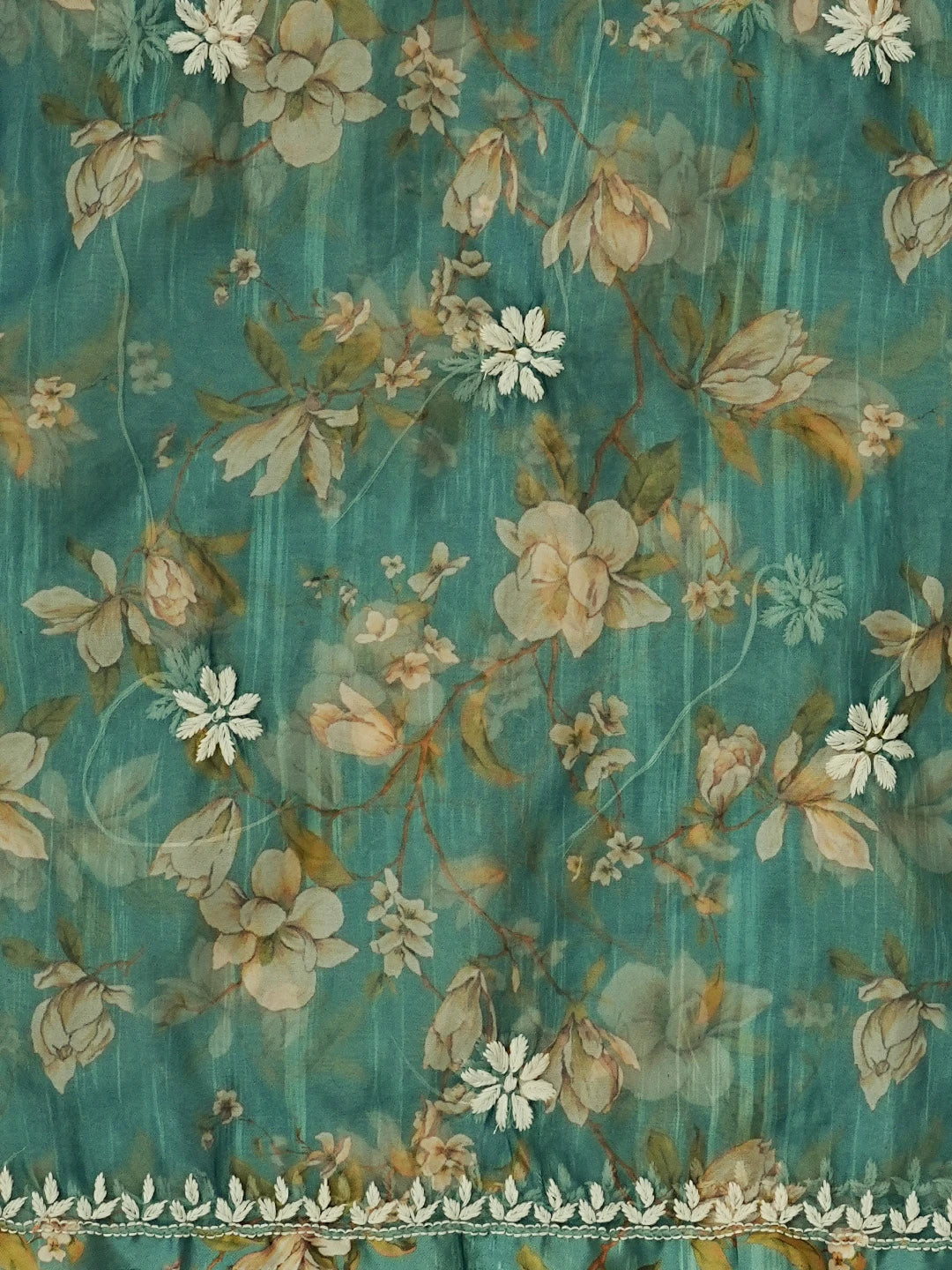 Ada Hand Embroidered Teal Green Organza Floral Printed Chikankari Unstitched Kurta Dupatta Set 01A551000