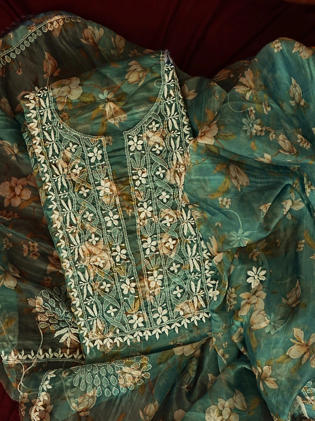 Ada Hand Embroidered Teal Green Organza Floral Printed Chikankari Unstitched Kurta Dupatta Set 01A551000