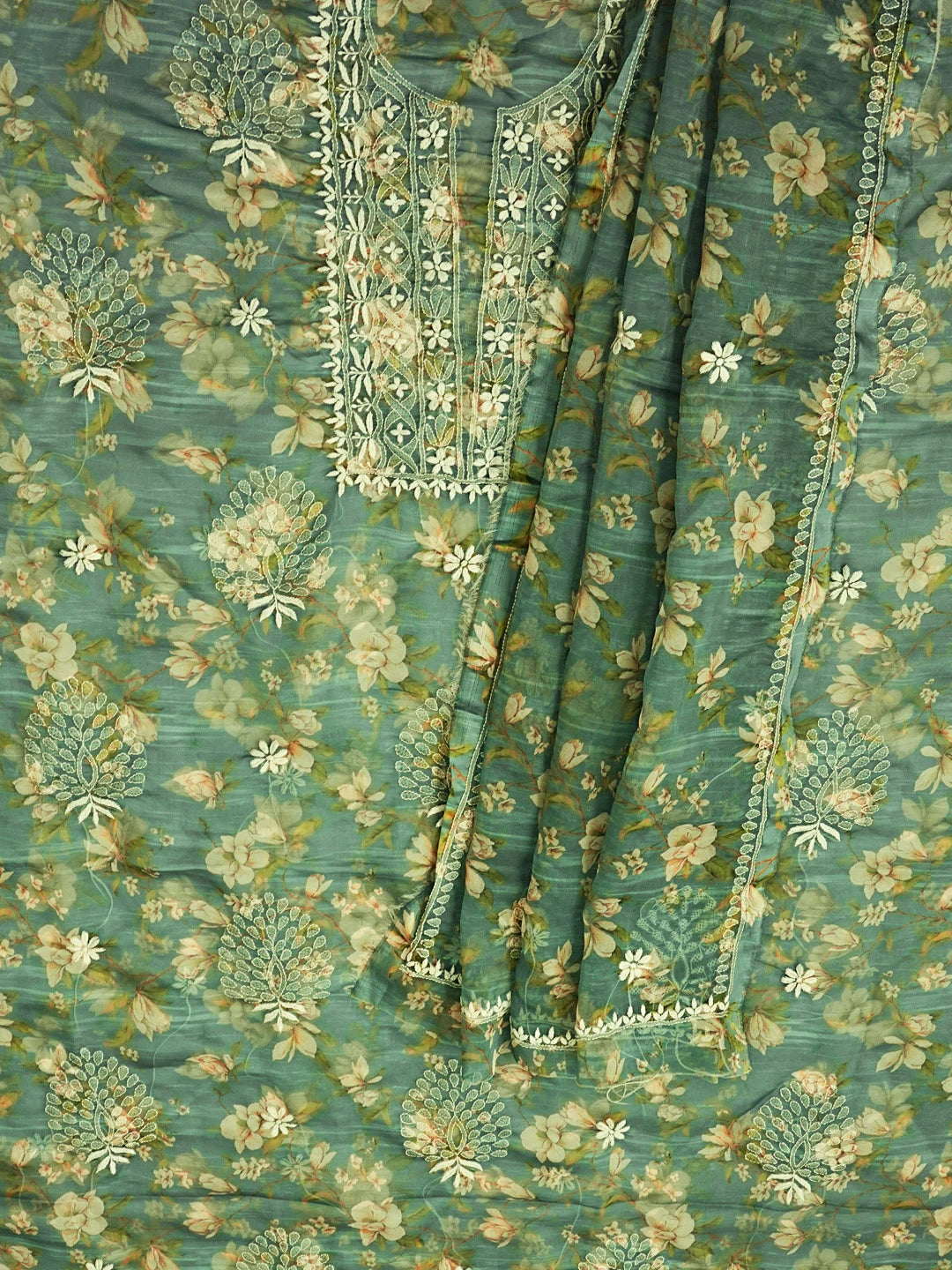 Ada Hand Embroidered Teal Green Organza Floral Printed Chikankari Unstitched Kurta Dupatta Set 01A551000