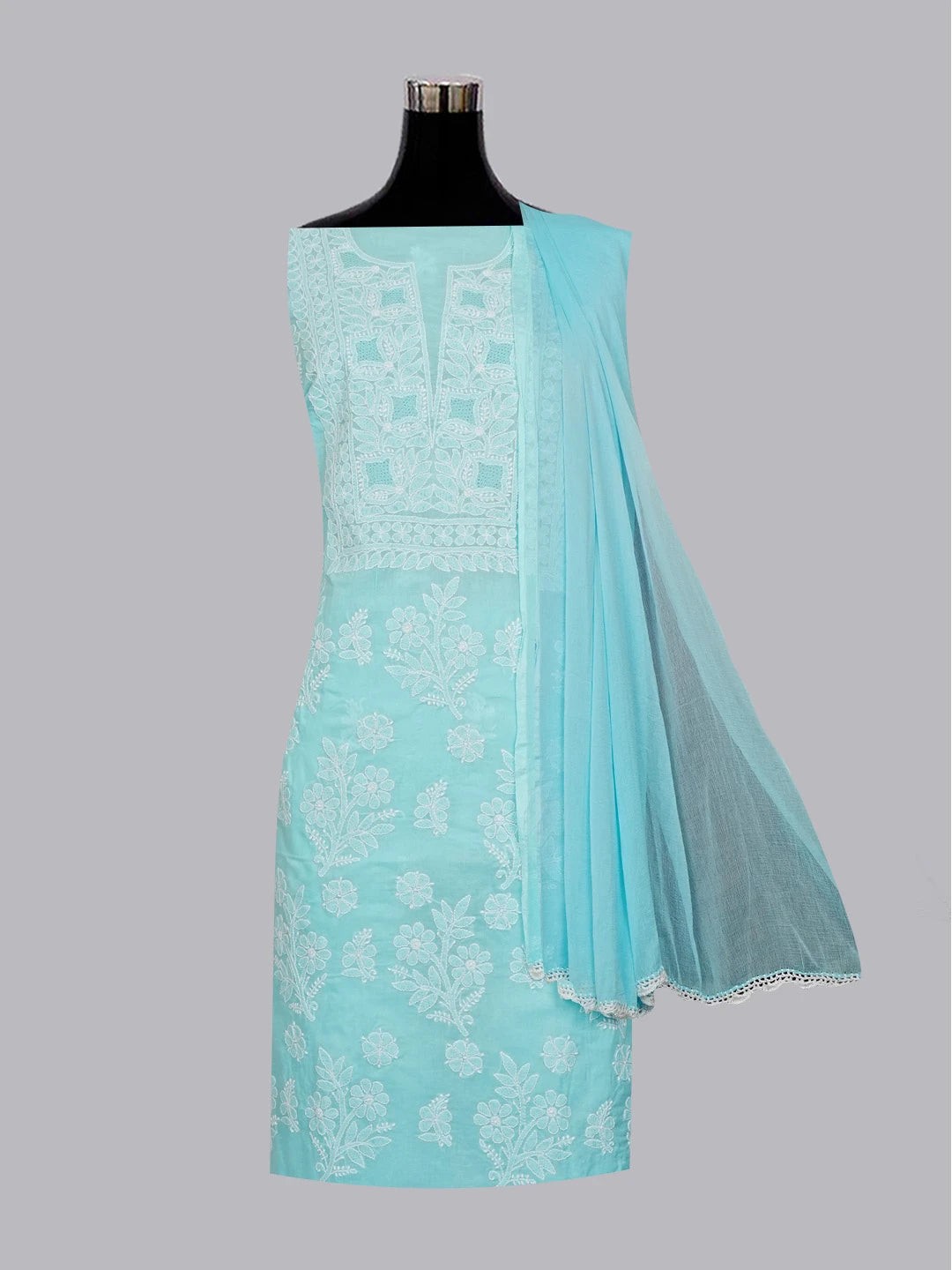 Ada Hand Embroidered Blue Cotton Lucknowi Chikankari Unstitched Suit Set 01A561752