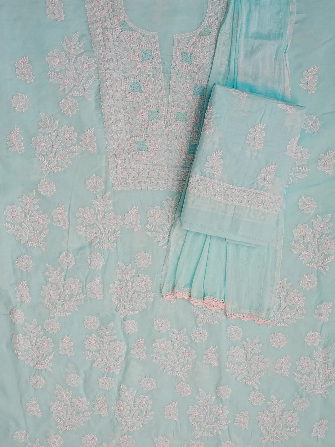 Ada Hand Embroidered Blue Cotton Lucknowi Chikankari Unstitched Suit Set 01A561752
