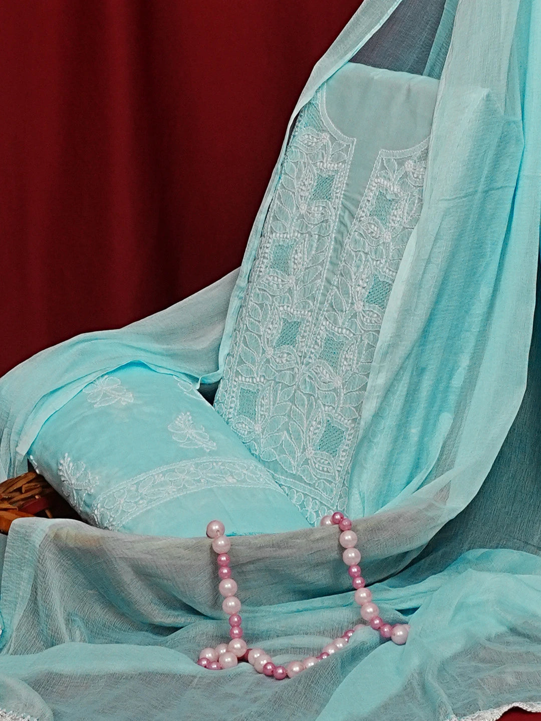 Ada Hand Embroidered Blue Cotton Lucknowi Chikankari Unstitched Suit Set 01A561752