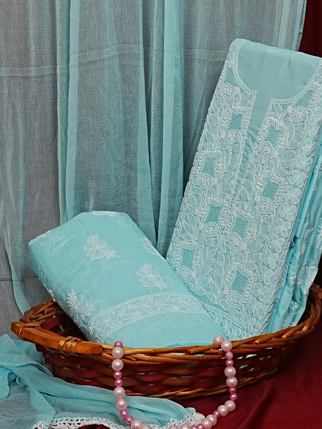 Ada Hand Embroidered Blue Cotton Lucknowi Chikankari Unstitched Suit Set 01A561752