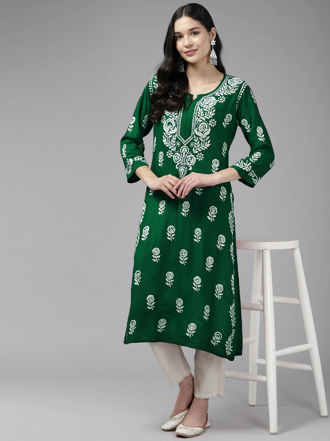 Ada Hand Embroidered Dark Green Rayon Lucknowi Chikankari Straight Kurta A411537