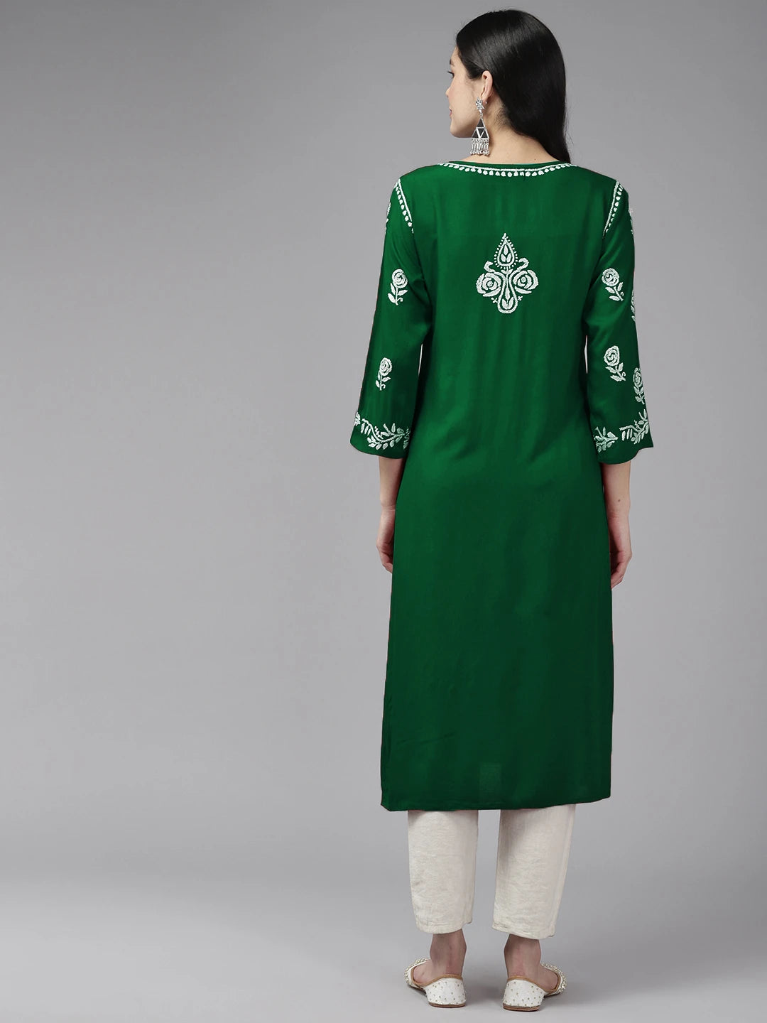 Ada Hand Embroidered Dark Green Rayon Lucknowi Chikankari Straight Kurta A411537
