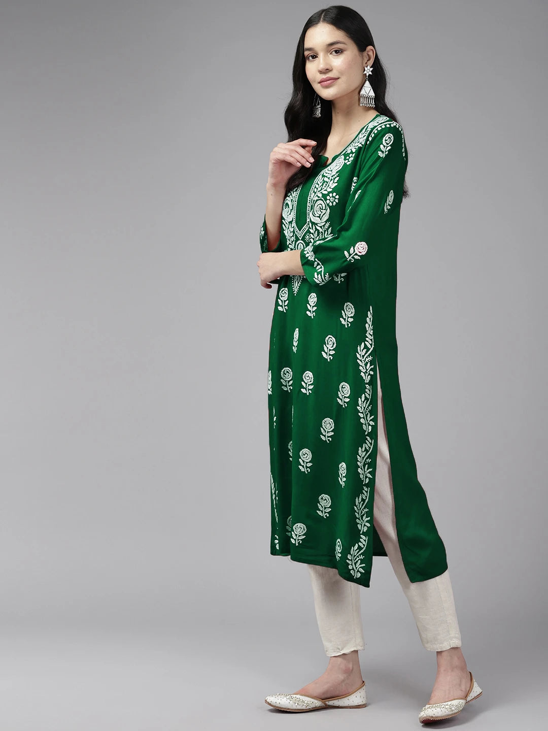 Ada Hand Embroidered Dark Green Rayon Lucknowi Chikankari Straight Kurta A411537