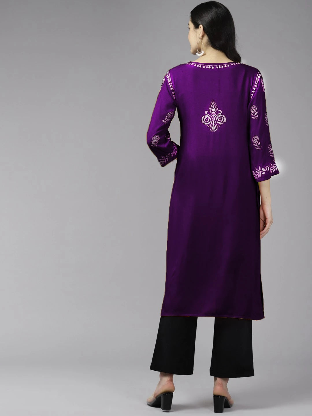 Ada Hand Embroidered Purple Rayon Lucknowi Chikankari Straight Kurta A411536